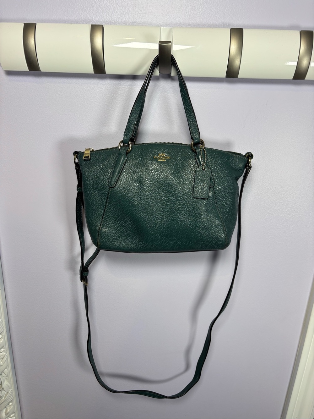 Coach Pebbled Leather Small Kelsey Chic Satchel in Teal/Forest Green